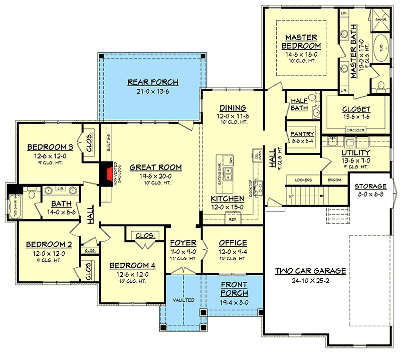 Plan 51753HZ: 4-Bed Craftsman House Plan with Optionally Finished Bonus Room Over Garage - 2641 Sq Ft - Floor Plan - Main Level - Country, Craftsman