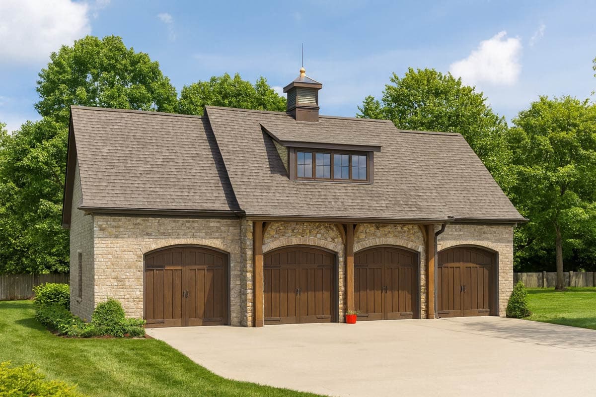 House plan exterior. Two-story structure with gable roof, brick and stone facade, dormer with windows, and arched garage doors.