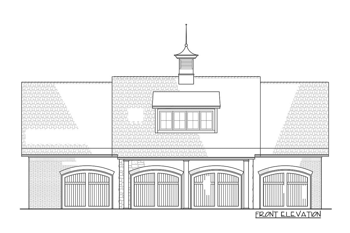 Front elevation drawing of a three-car garage with arched doors, cupola, and dormer window.
