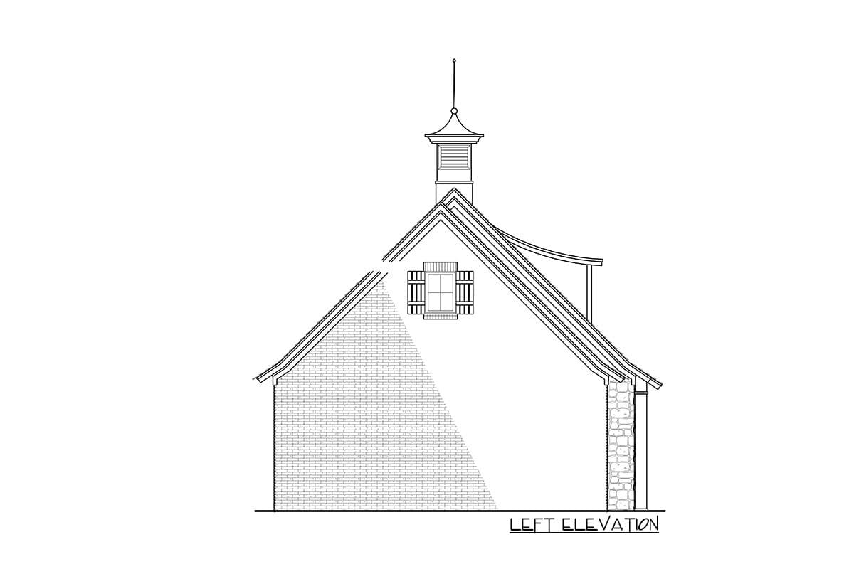Left elevation house plan showing gabled roof, dormer window with shutters, and cupola.