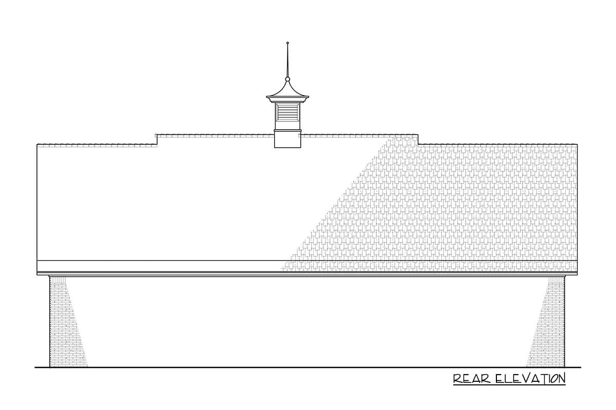 Rear elevation drawing of a house plan featuring brick piers, a cupola, and hip roof.