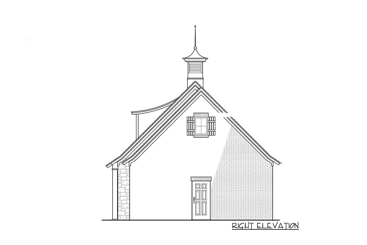 Right elevation drawing of a house plan featuring a cupola, dormer window with shutters, stone column, and brick facade.