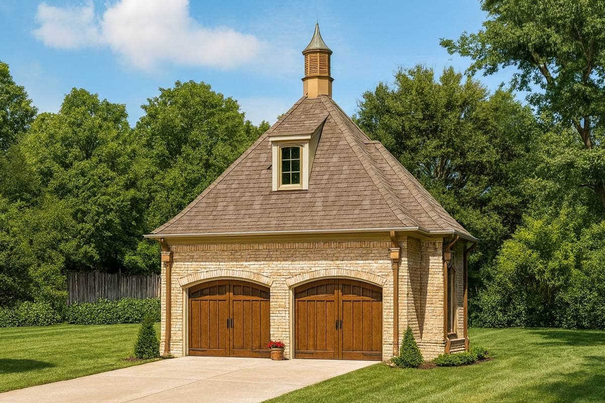 House plan exterior with two-car garage. Features include a steeply pitched roof, dormer window, and cupola. Constructed of brick and stone.