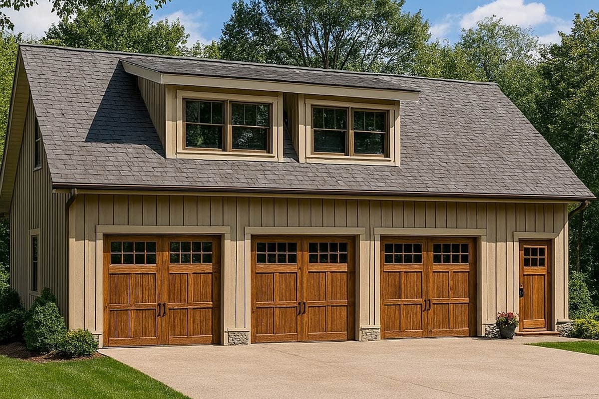House plan exterior. Two-story garage with three garage doors and dormer windows. Features include a gable roof and vertical siding.