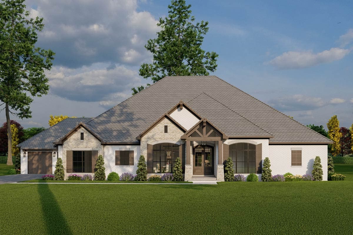 House plan exterior with stone accents, covered porch with exposed beams, and multiple gables. Features include a two-car garage and brick exterior.