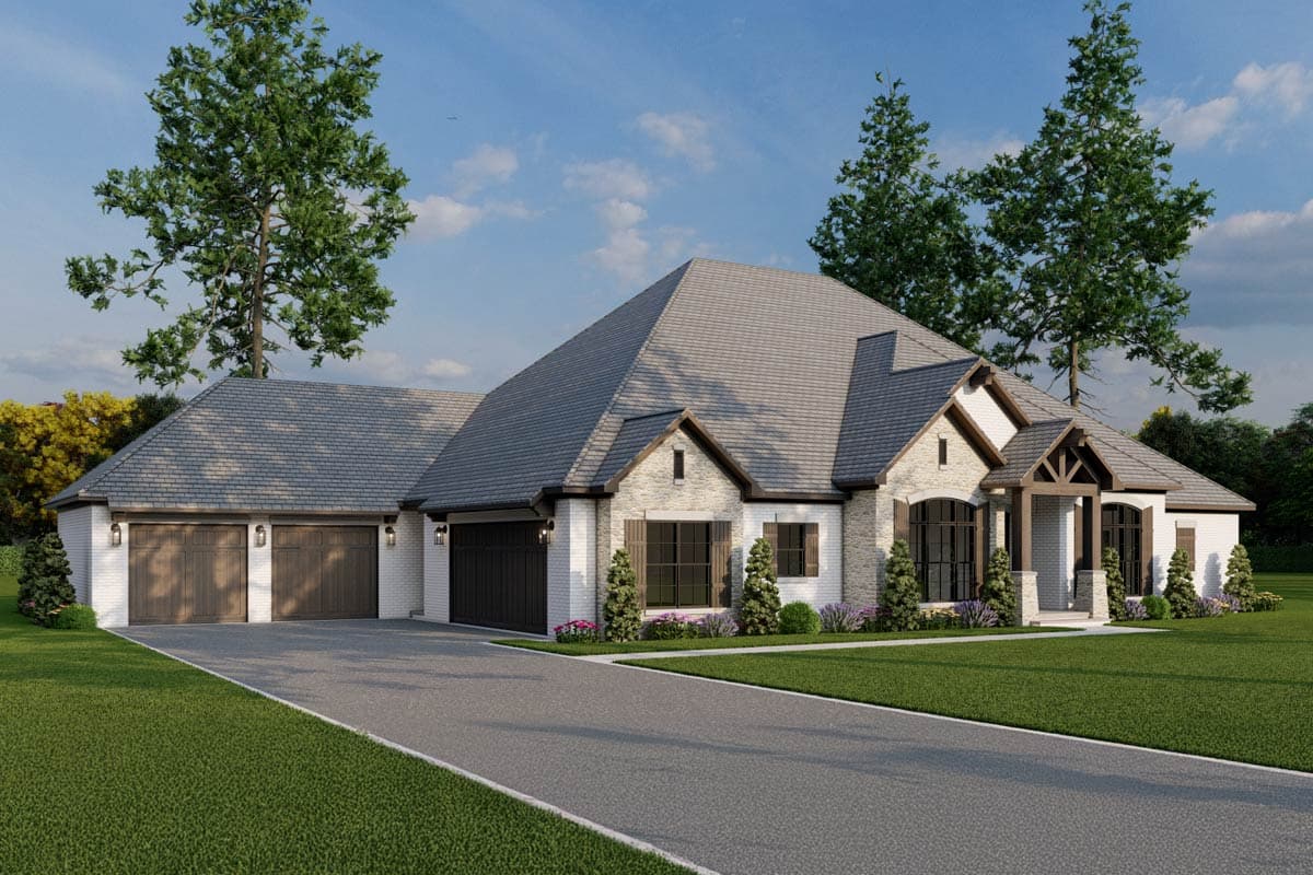 House plan exterior: One-story Modern Farmhouse with a three-car garage, brick and stone accents, gabled rooflines, and a covered entry.