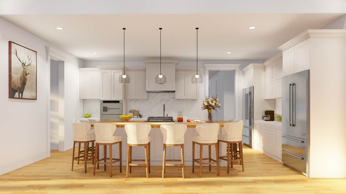 Modern kitchen rendering with a large island, stainless steel appliances, white cabinetry, and pendant lighting.