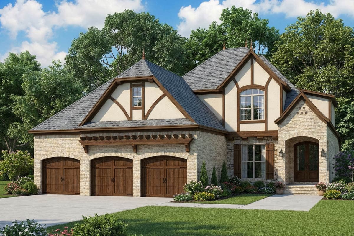 A two-story house with a stone and stucco exterior, arched wooden garage doors, and a tiled roof, surrounded by green trees and lawn.