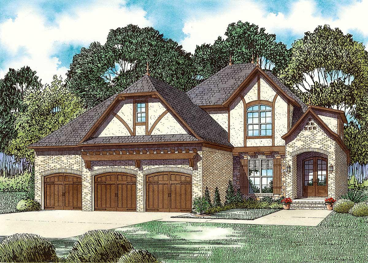 House plan exterior with Tudor architectural style, featuring a three-car garage, arched doorways, and timber framing accents.