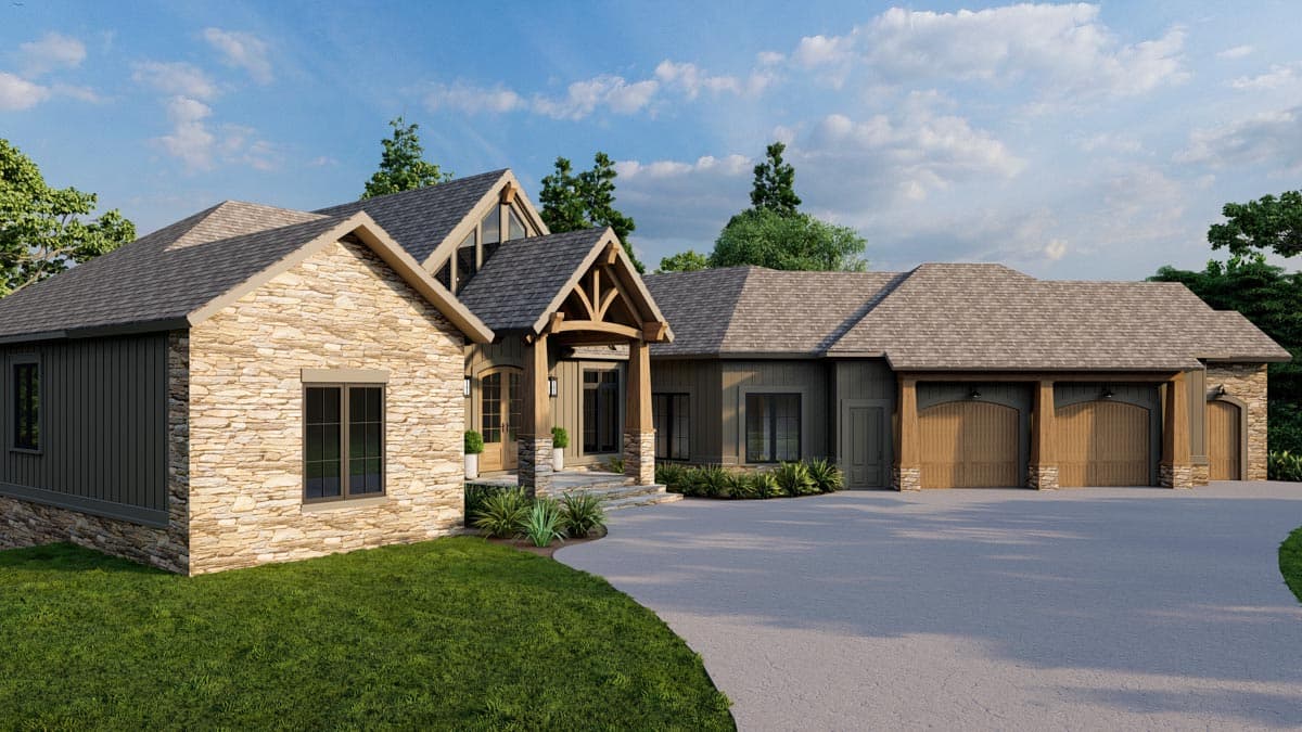 House plan exterior featuring stone and vertical siding, covered entry with wood beams, and a three-car garage.