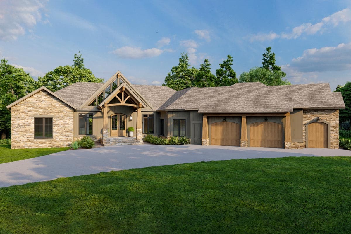 House plan exterior. Craftsman style, single-story home with a gabled entry, wood garage doors, and a stone facade on portions of the home.
