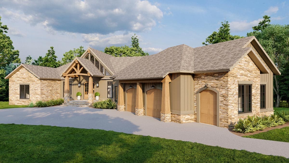 Craftsman style house plan exterior with stone accents, covered entrance, and a four-car garage.
