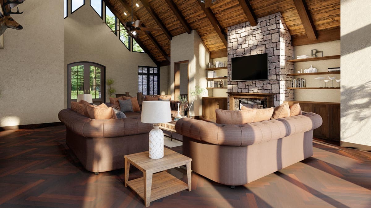 Great room with vaulted beamed ceiling, stone fireplace with TV, built-in shelves, and large windows.