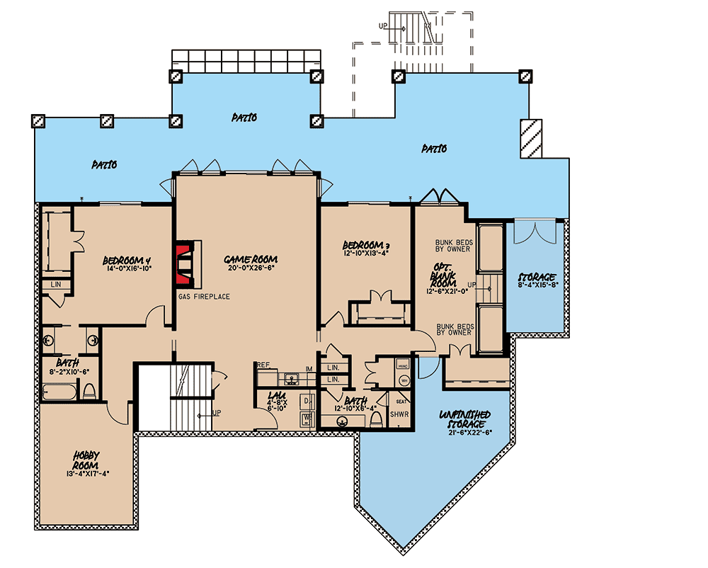 Plan 70534MK: Rustic House Plan with 4 Beds and a Bunk Room - 5054 Sq Ft - Floor Plan - Lower Level - Craftsman, Mountain, Ranch, Rustic