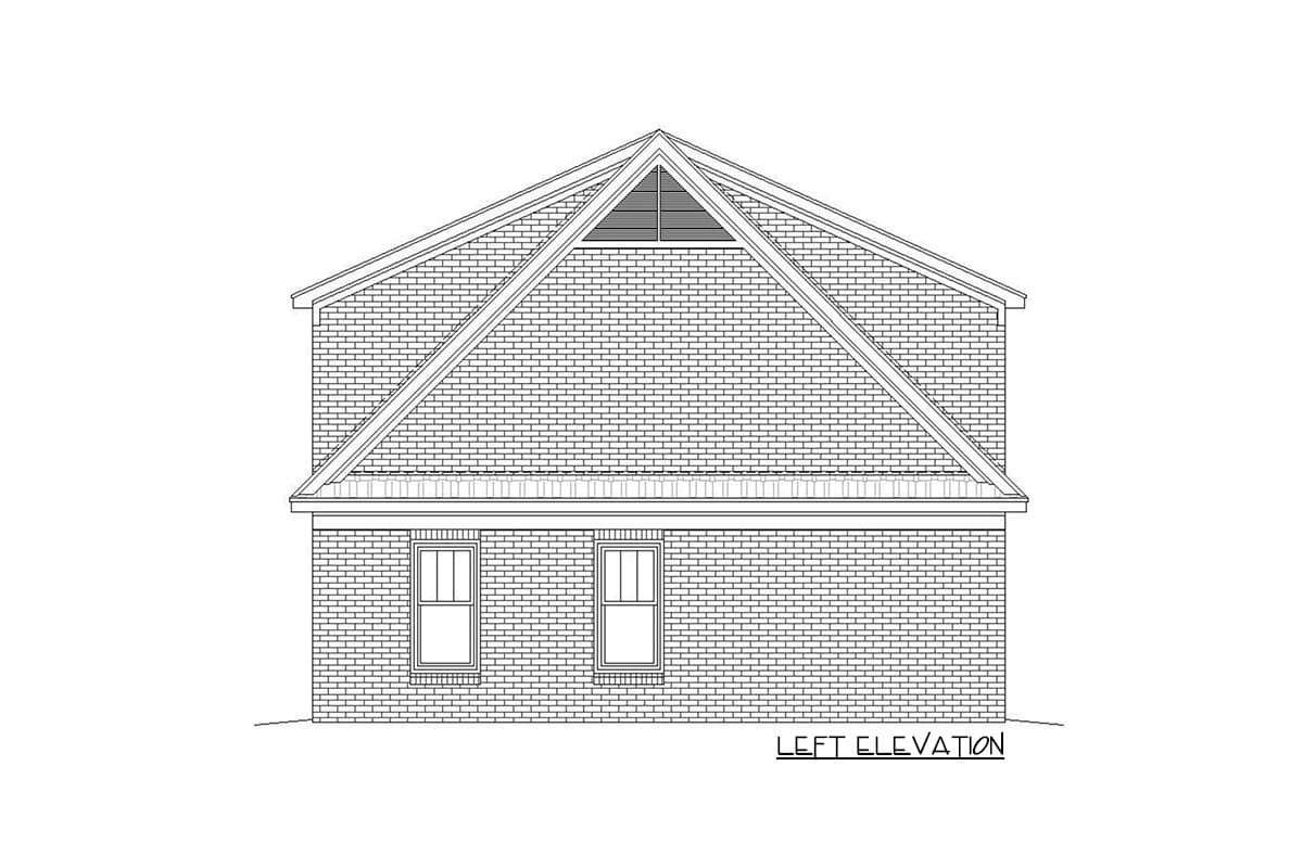 Left elevation drawing of a two-story house plan featuring a prominent gable roof with a vent, double-hung windows, and brick siding.