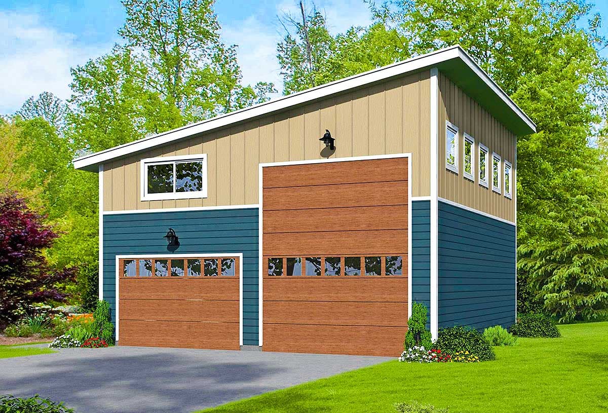 House plan exterior with two-car garage. Features include horizontal siding, a sloped roofline, and multiple small windows.