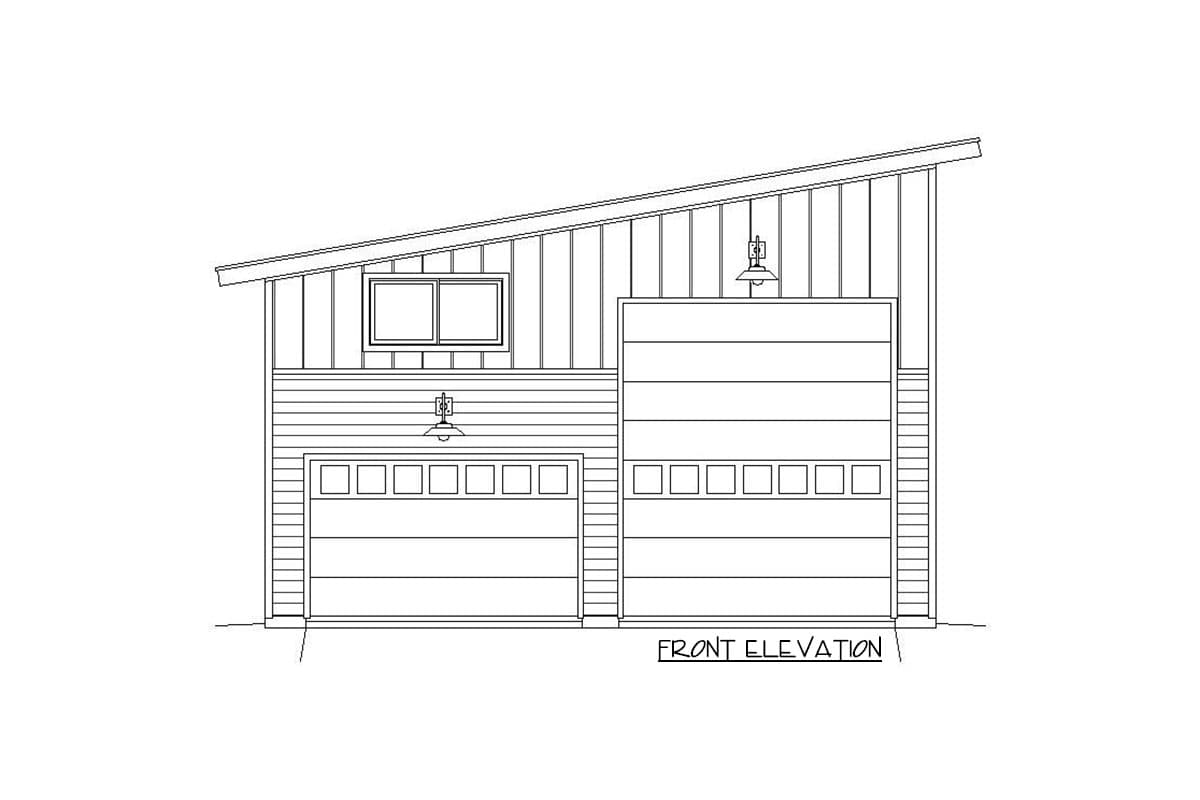 Front elevation drawing of a two-car garage with a single-car garage, a single window, and a shed roof.