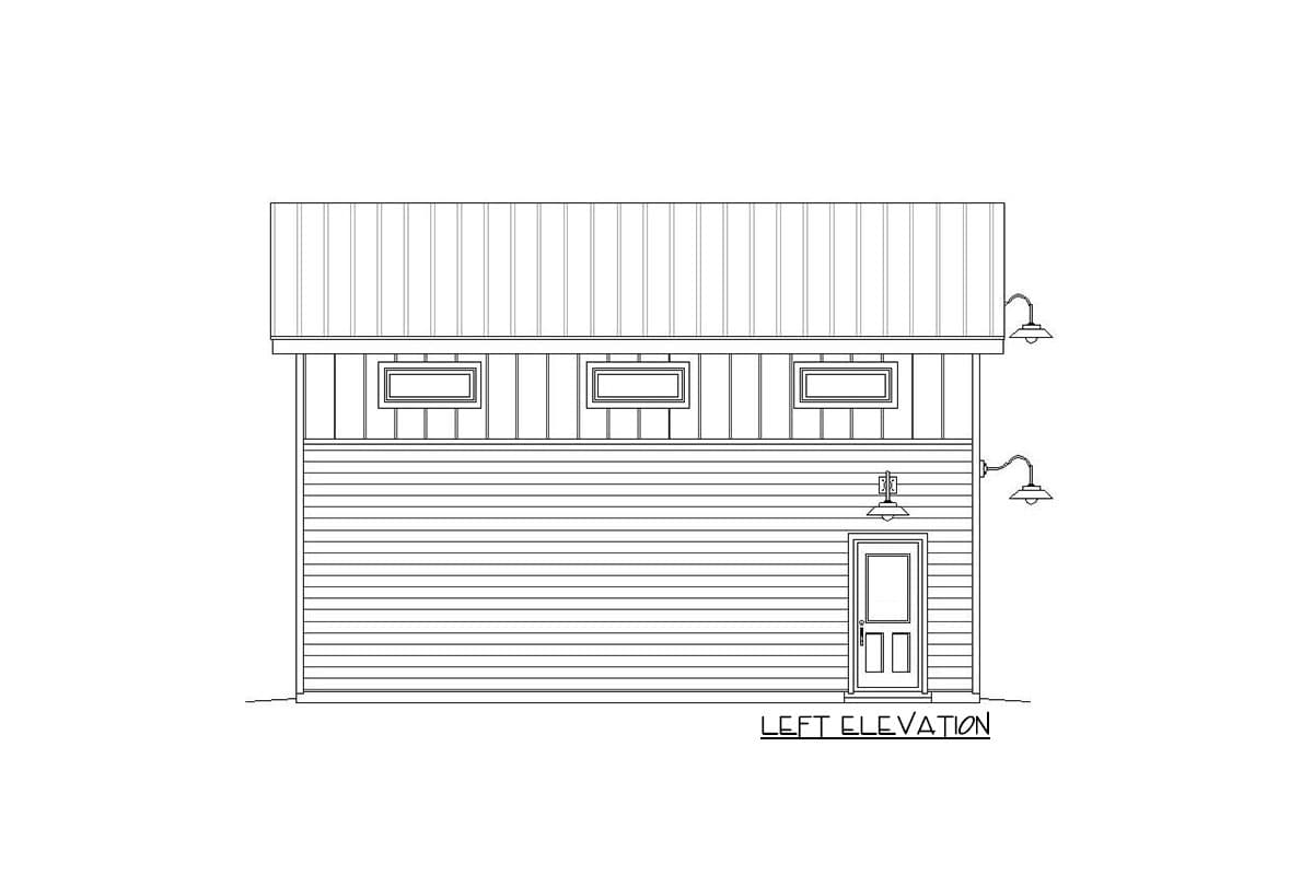 Left elevation house plan drawing shows horizontal siding, a door with two panes and two panels, three upper windows, and a metal roof.