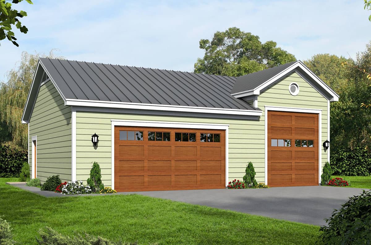 House plan exterior. Two-car garage with gabled roof, vertical siding, and carriage-style garage doors. Metal roof and exterior lighting.