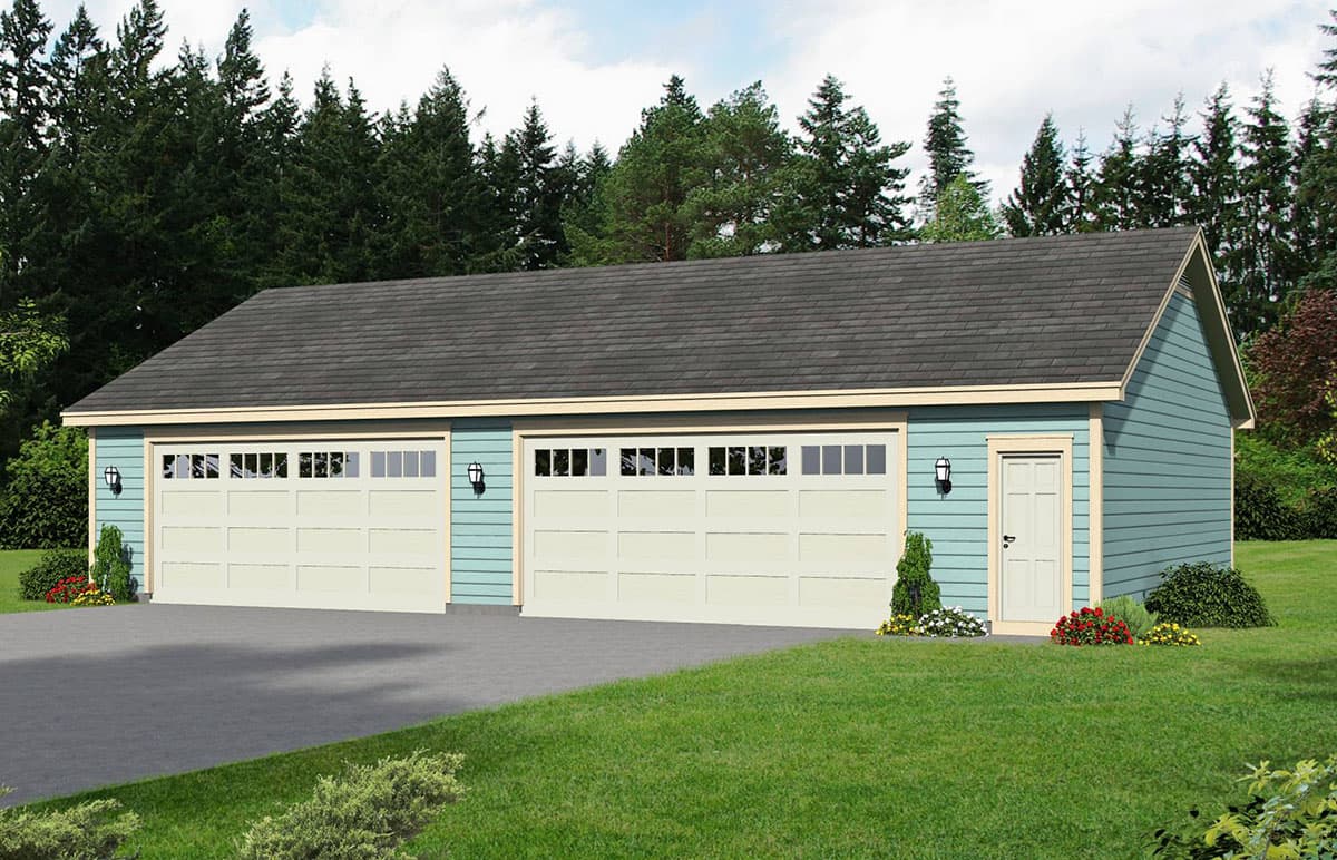 House plan exterior. Two-car garage with gabled roof, carriage-style garage doors, and a side entry door. Light blue siding.