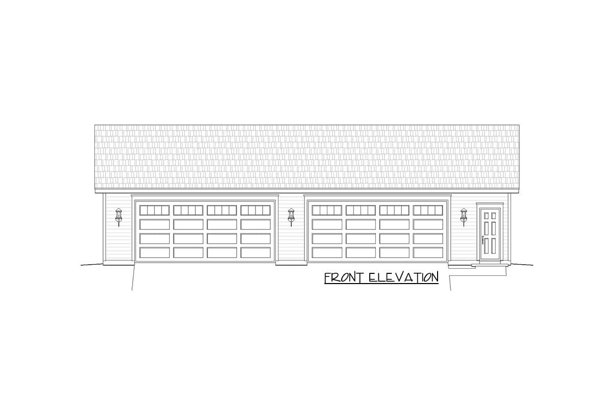 Front elevation drawing of a house with a three-car garage and a side entrance.
