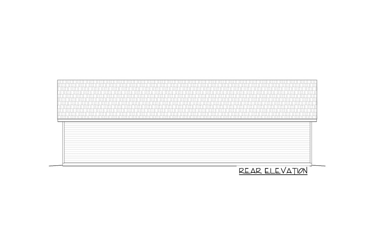 Rear elevation drawing of a house plan, showing a simple facade with siding and a shingled roof.