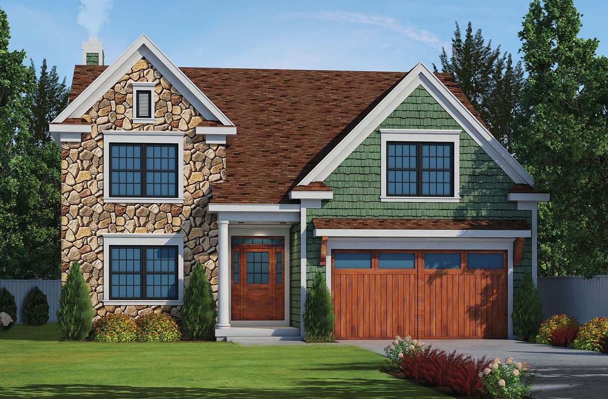 House plan exterior. Two-story home with stone facade and gabled roof. Features include dormers, a front-facing garage, and a covered entry porch.