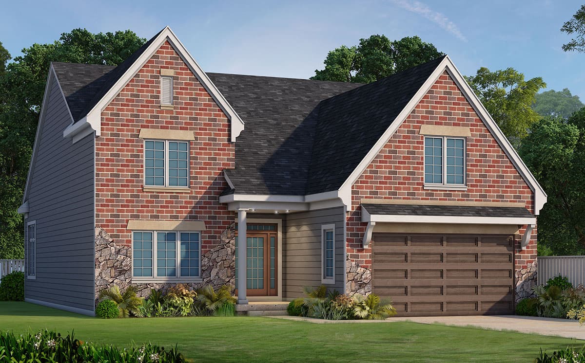 House plan exterior featuring a two-story design with brick and stone accents, a gabled roof, and an attached garage.