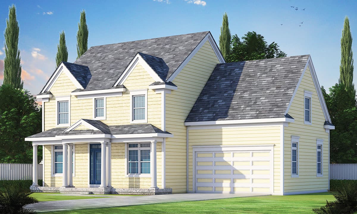 House plan exterior rendering. Two-story design with gabled roof, front porch, and attached garage. Includes dormers and symmetrical window placement.