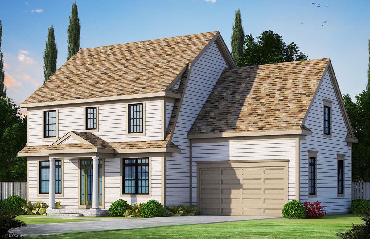 House plan exterior with two stories, gabled roof, and attached garage. Includes a covered front entry porch and multiple windows.