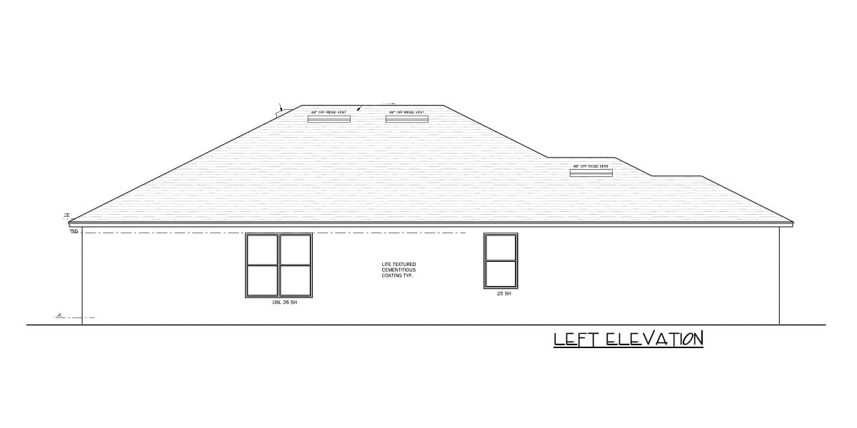 Left elevation of a house plan showing two windows and a gabled roof with ridge vents and cementitious coating.