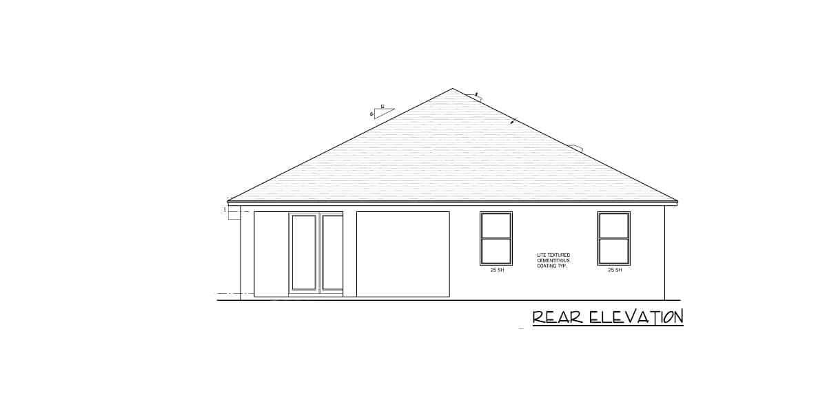 Rear elevation house plan with a prominent gable roof, double doors, covered patio, and two windows with cementitious coating.
