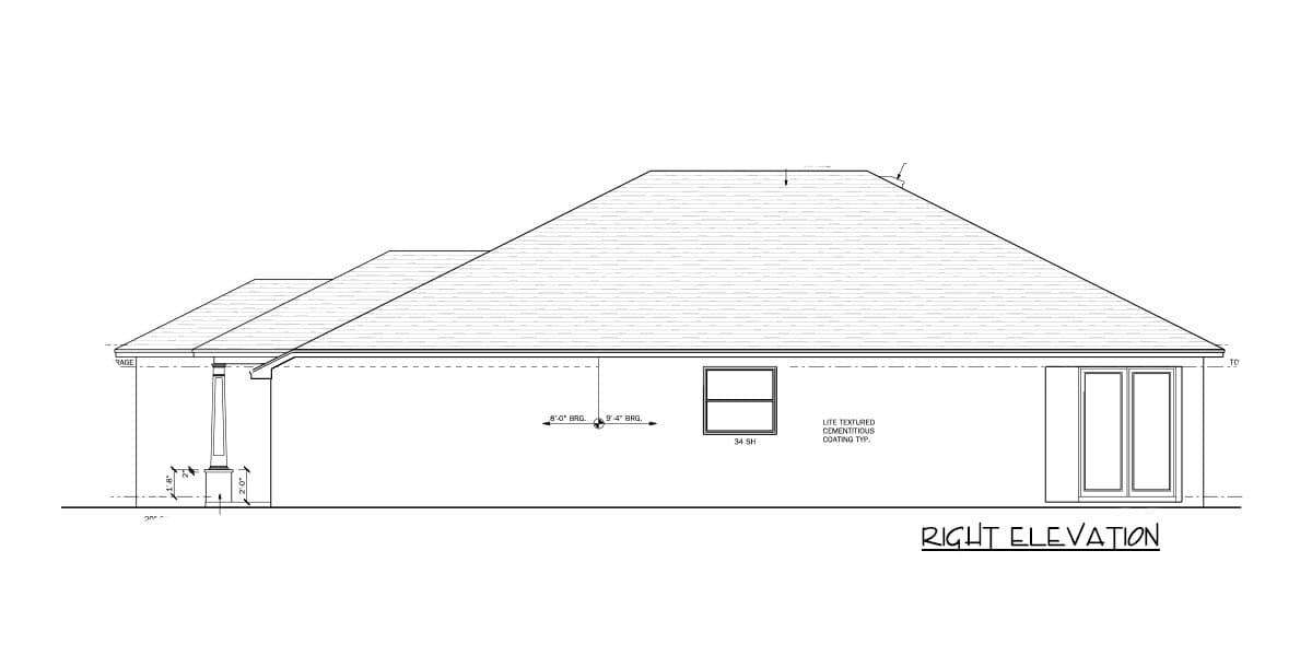 Right elevation house plan showing a covered porch, gable roof, window, and double doors. Lite textured cementitious coating noted.