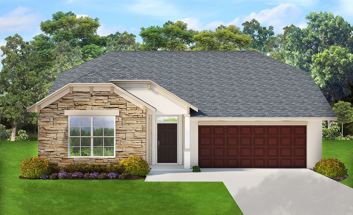 House plan exterior. Ranch style with stone facade. Features include a front-facing garage, a gabled roofline, and a covered entry.
