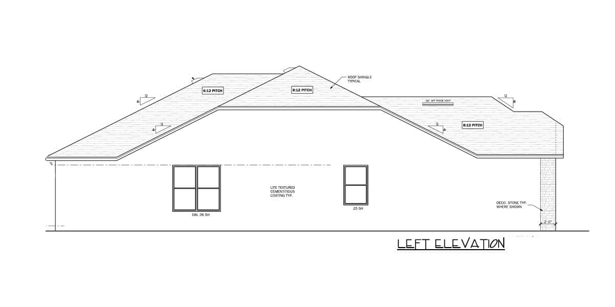 Left elevation house plan drawing with a hip roof, two windows, and decorative stone column.