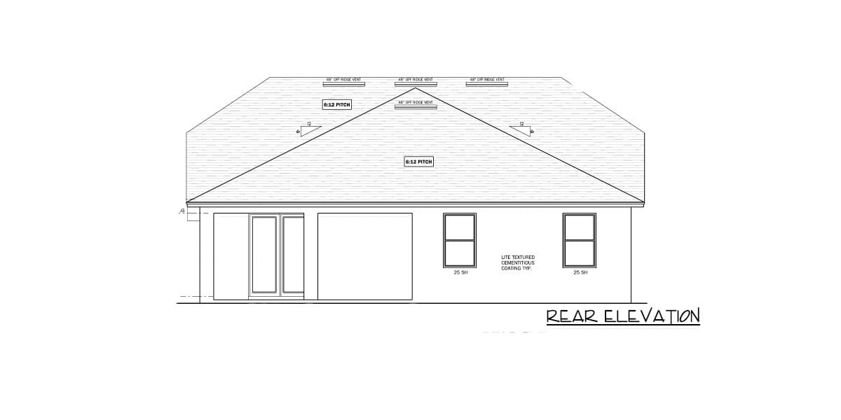 Rear elevation drawing of a house plan showing two windows, sliding glass doors, and a 6:12 pitch roof with ridge vents.