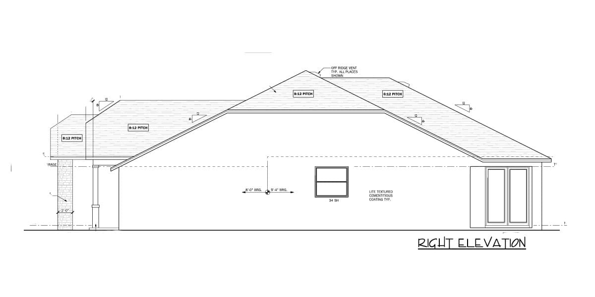 Right elevation house plan drawing with 8:12 pitch roof, gable vents, and lite textured cementitious coating.