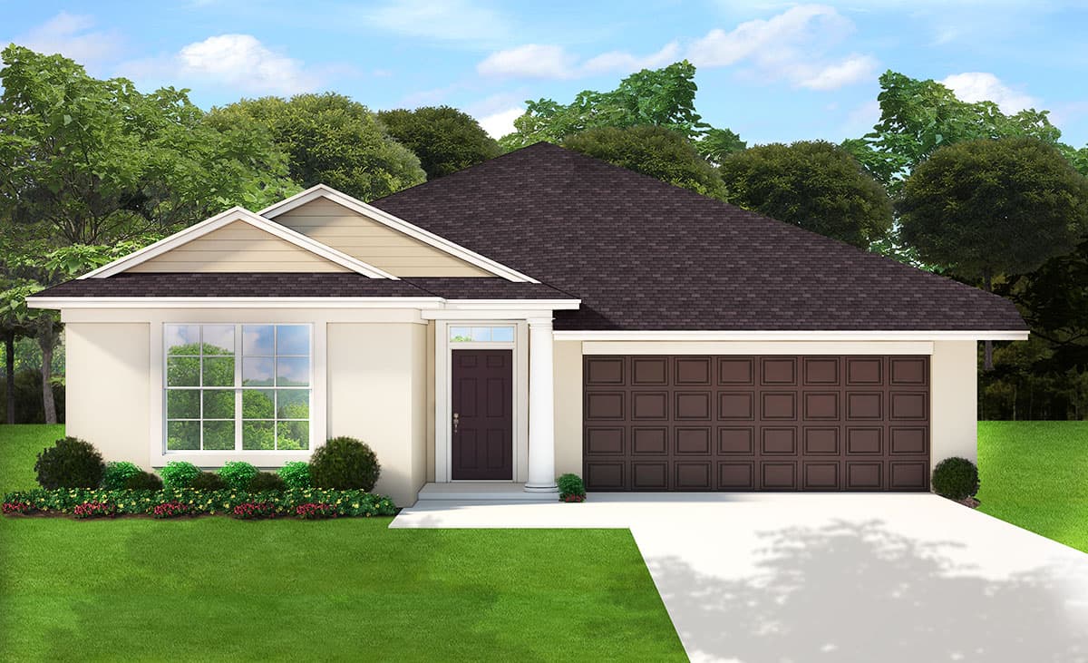 House plan exterior. One-story Ranch style home with a front-entry garage, gable roof, and picture windows.