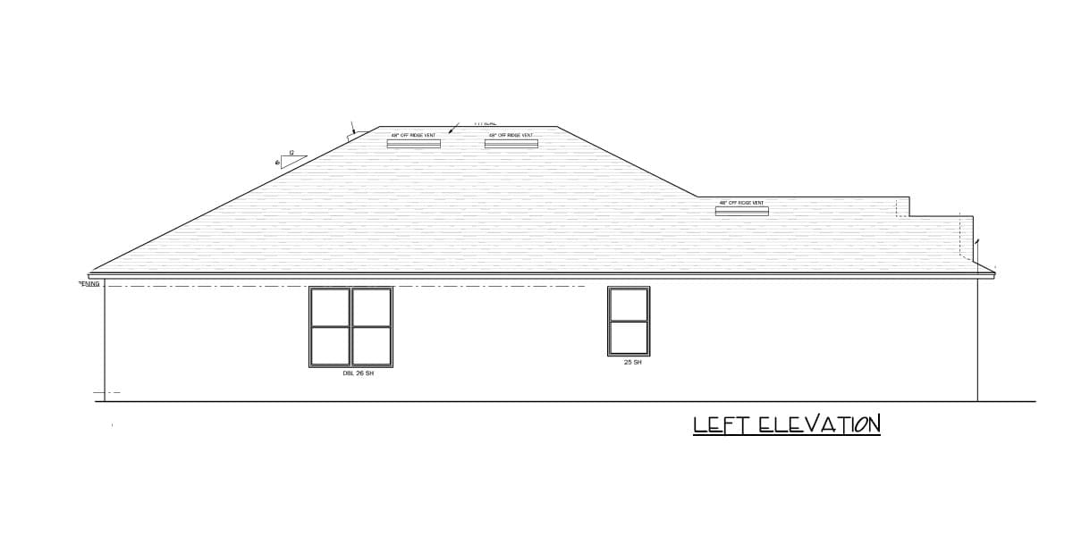 Left elevation house plan drawing showing rooflines, two windows, and ridge vents.