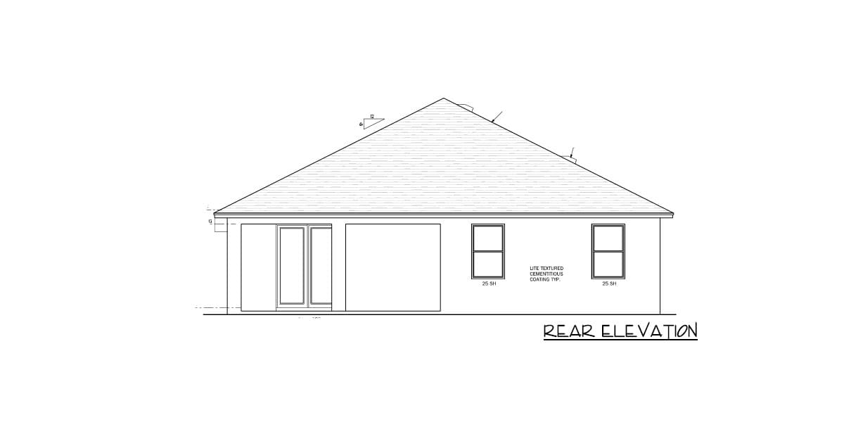 Rear elevation drawing of a house plan with a gable roof, double glass doors, and two windows.