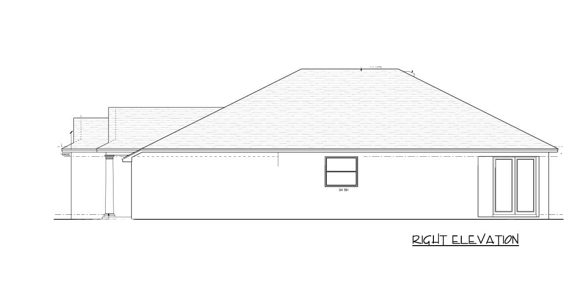 Right elevation drawing of a house plan featuring a hip roof, a portico with a column, one window, and double doors.