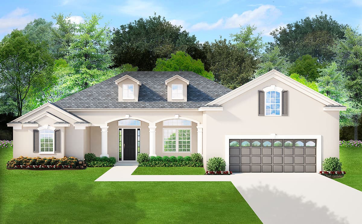 House plan exterior. Two-story home with a gabled roof, dormers, and a front-facing garage. Features a covered entry porch with columns.