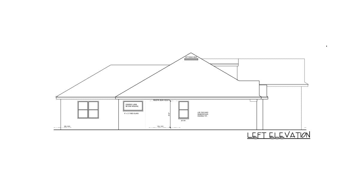 Architectural drawing, left elevation of house plan showing roofline, windows, and textured siding.