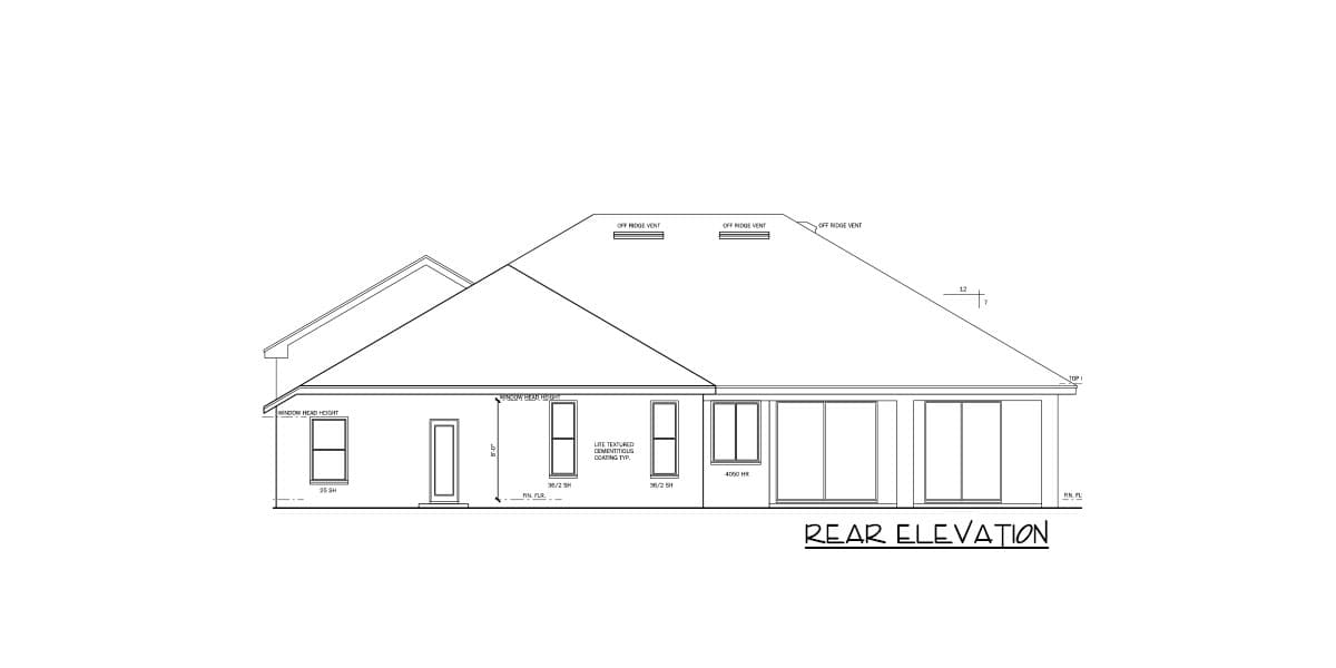 Rear elevation of a house plan showing a gabled roof with ridge vents, multiple windows, and sliding glass doors.