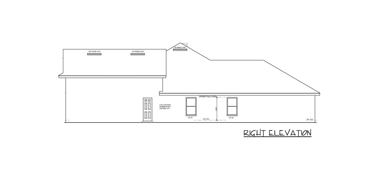 Right elevation house plan showing two windows, a double door, and varied rooflines with ridge vents.