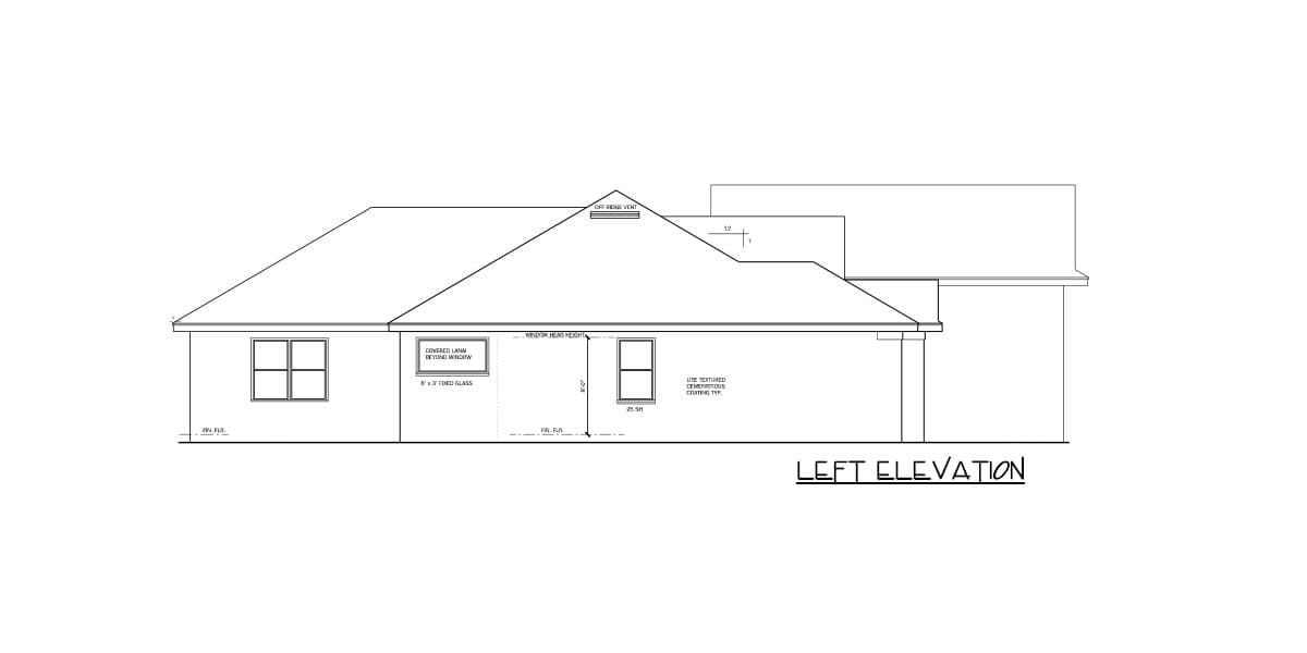 Left elevation house plan drawing with gable roof, two windows, and ridge vent.