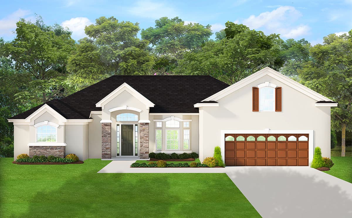 House plan exterior with two stories, a hipped roof, arched entryway, a stone facade element, and a front-facing garage.