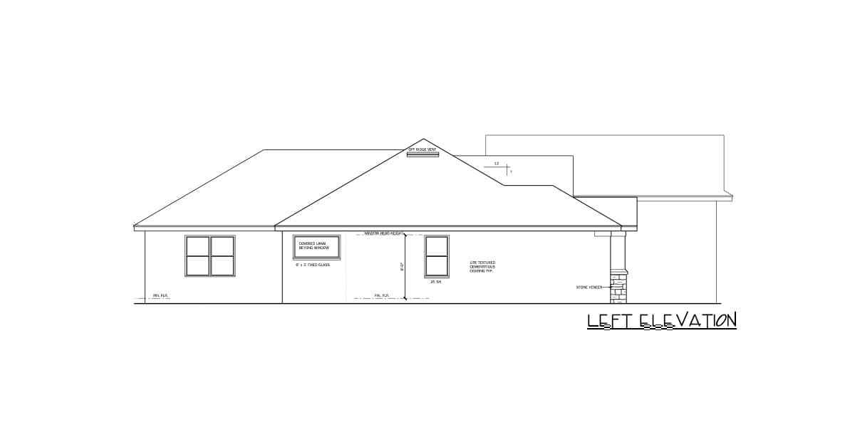 Left elevation house plan showing a covered porch with stone veneer columns and roof line.