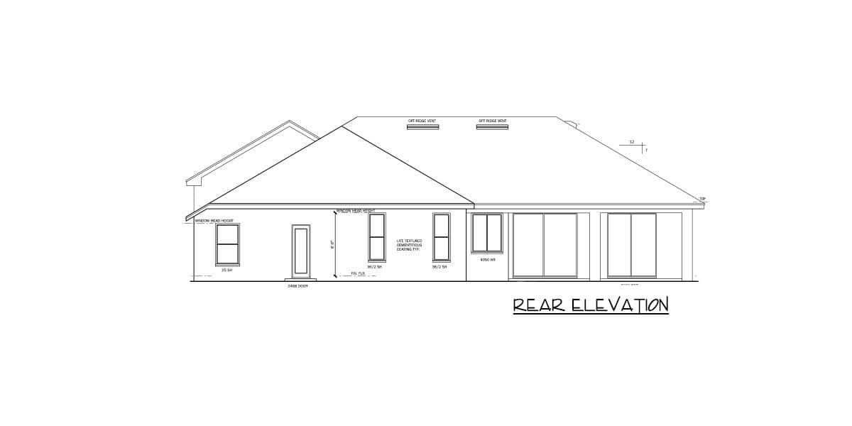 Rear elevation of a house plan showing a door, two windows, and sliding glass doors, with roof vents.
