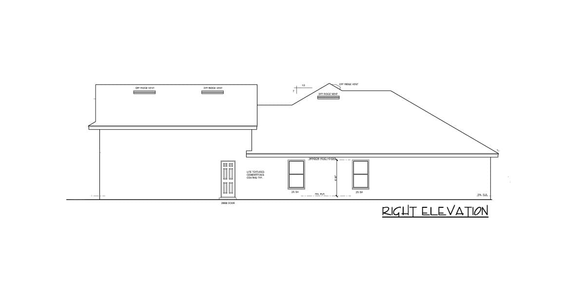 Right elevation house plan drawing with a gable roof, two windows, and a door. Includes ridge vents.